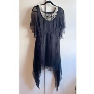 Free People Black Dress Size XS Handkerchief Hem Beaded Neckline Flowy Boho